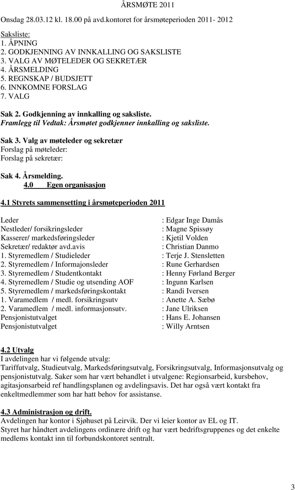 Valg av møteleder og sekretær Forslag på møteleder: Forslag på sekretær: Sak 4. Årsmelding. 4.0 Egen organisasjon 4.