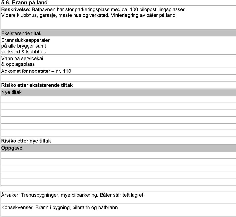 Brannslukkeapparater på alle brygger samt verksted & klubbhus Vann på servicekai & opplagsplass Adkomst for