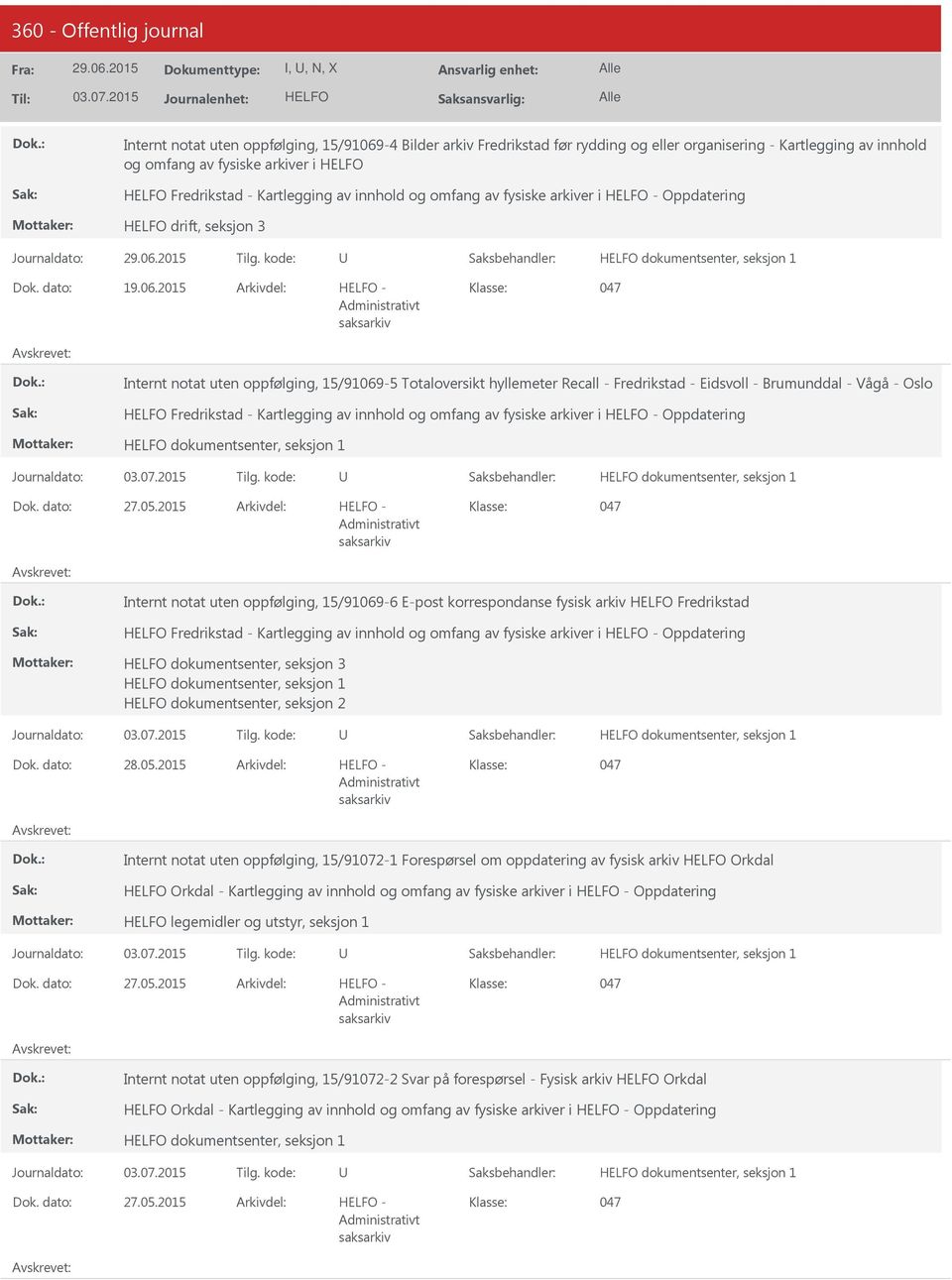 2015 - Internt notat uten oppfølging, 15/91069-5 Totaloversikt hyllemeter Recall - Fredrikstad - Eidsvoll - Brumunddal - Vågå - Oslo Fredrikstad - Kartlegging av innhold og omfang av fysiske arkiver