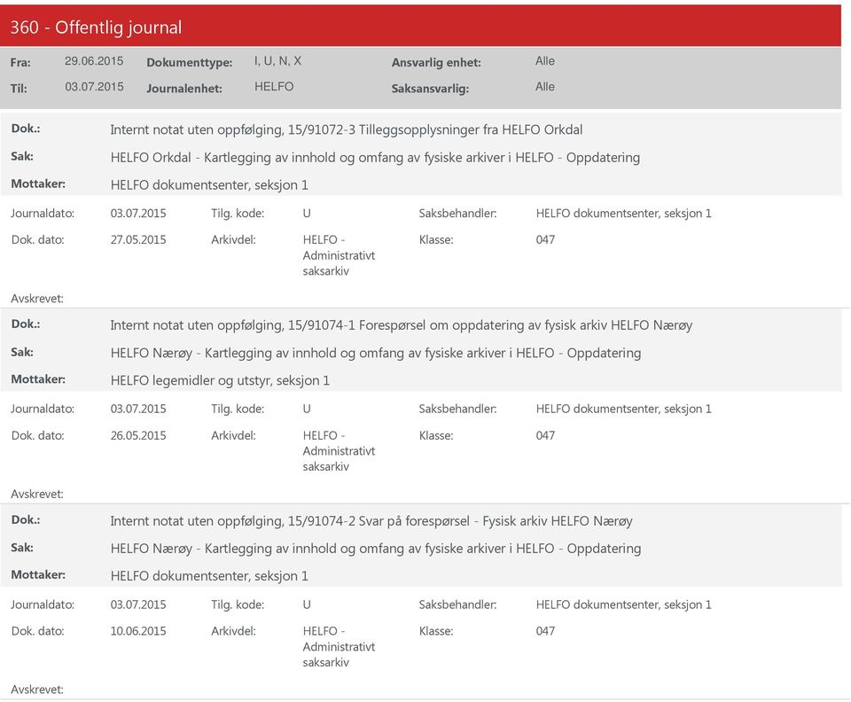 2015 - Internt notat uten oppfølging, 15/91074-1 Forespørsel om oppdatering av fysisk arkiv Nærøy Nærøy - Kartlegging av innhold og omfang
