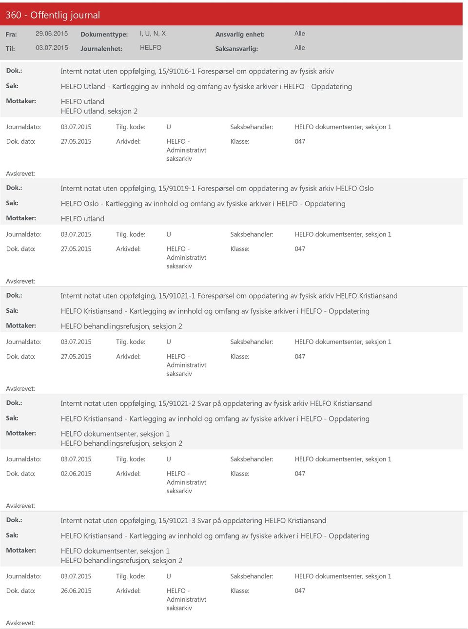 Internt notat uten oppfølging, 15/91021-1 Forespørsel om oppdatering av fysisk arkiv Kristiansand Kristiansand - Kartlegging av innhold og omfang av fysiske arkiver i - Oppdatering