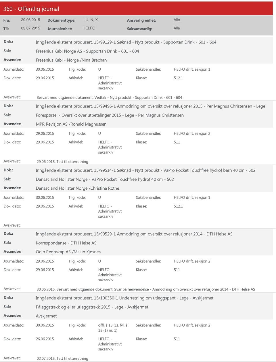 1 Besvart med utgående dokument, Vedtak - Nytt produkt - Supportan Drink - 601-604 Inngående eksternt produsert, 15/99496-1 Anmodning om oversikt over refusjoner 2015 - Per Magnus Christensen - Lege