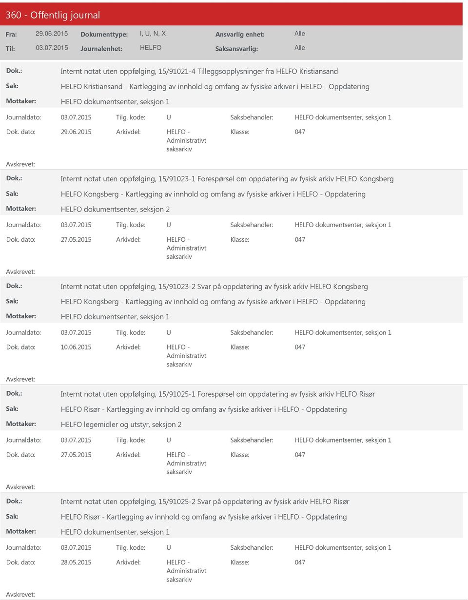 2015 - Internt notat uten oppfølging, 15/91023-2 Svar på oppdatering av fysisk arkiv Kongsberg Kongsberg - Kartlegging av innhold og omfang av fysiske arkiver i - Oppdatering 10.06.