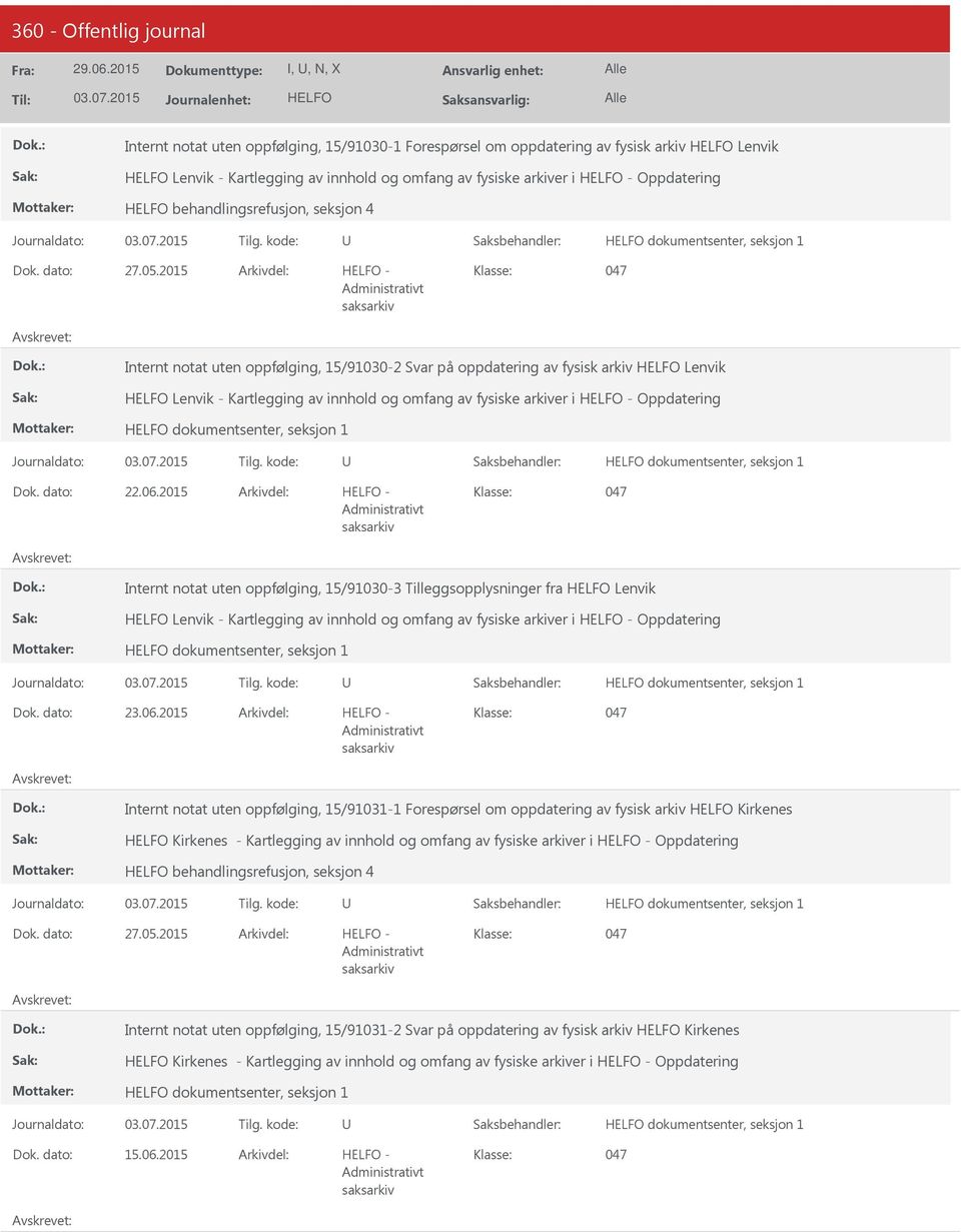 2015 - Internt notat uten oppfølging, 15/91030-3 Tilleggsopplysninger fra Lenvik Lenvik - Kartlegging av innhold og omfang av fysiske arkiver i - Oppdatering 23.06.