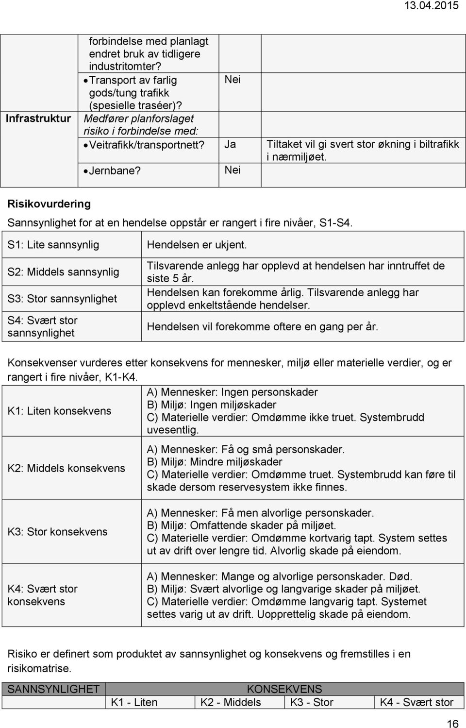 Risikovurdering Sannsynlighet for at en hendelse oppstår er rangert i fire nivåer, S1-S4. S1: Lite sannsynlig Hendelsen er ukjent.