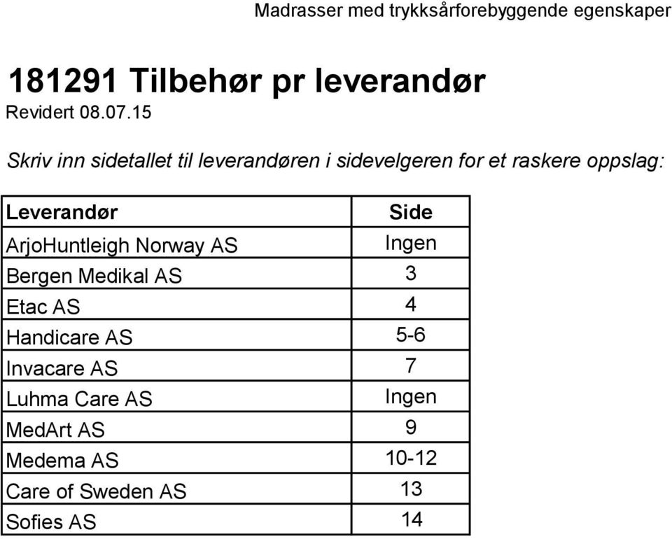 oppslag: Leverandør Side ArjoHuntleigh Norway AS Ingen Bergen Medikal AS 3