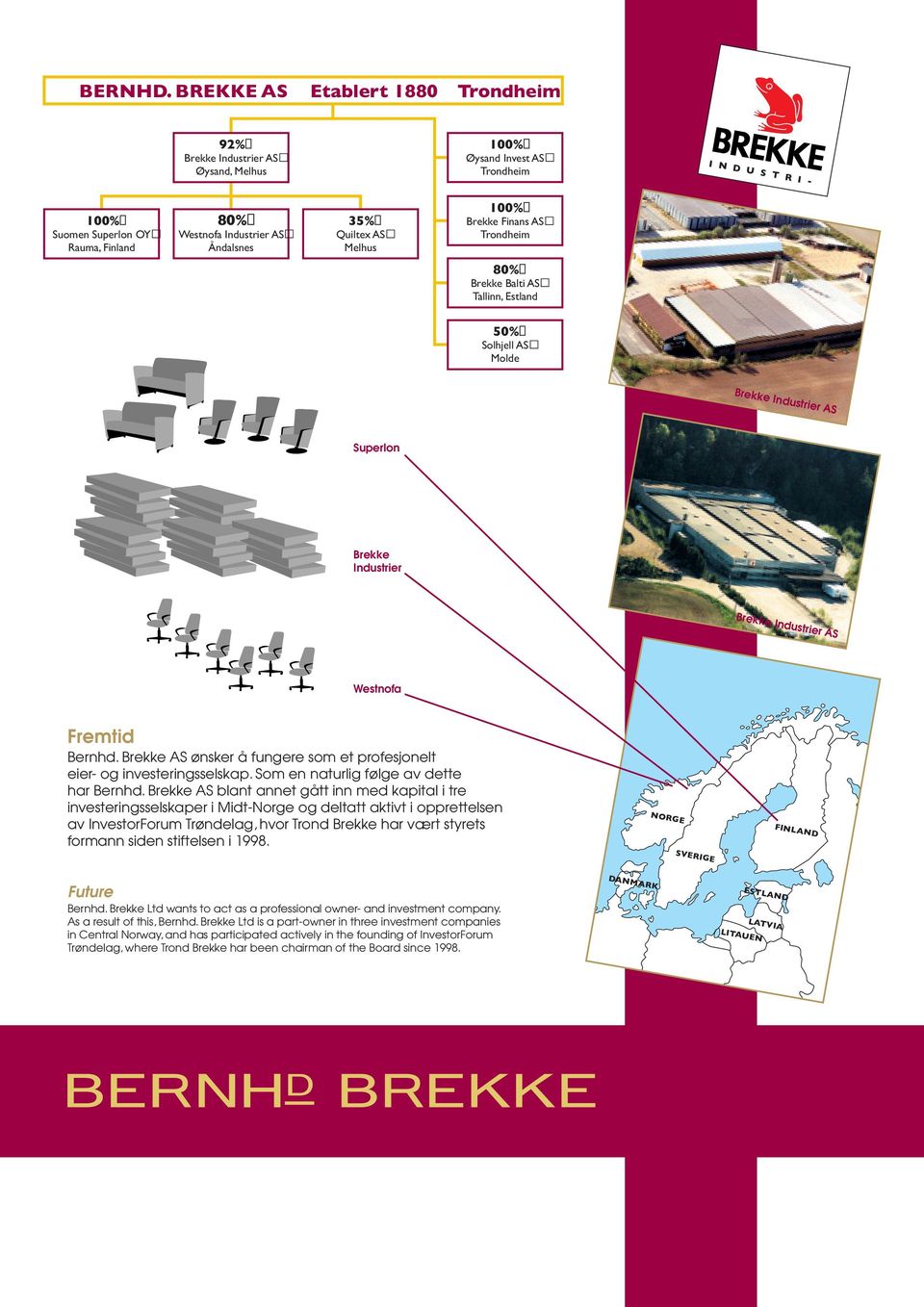 35% Quiltex AS Melhus 100% Brekke Finans AS Trondheim 80% Brekke Balti AS Tallinn, Estland 50% Solhjell AS Molde Superlon Brekke Industrier Westnofa Fremtid Bernhd.