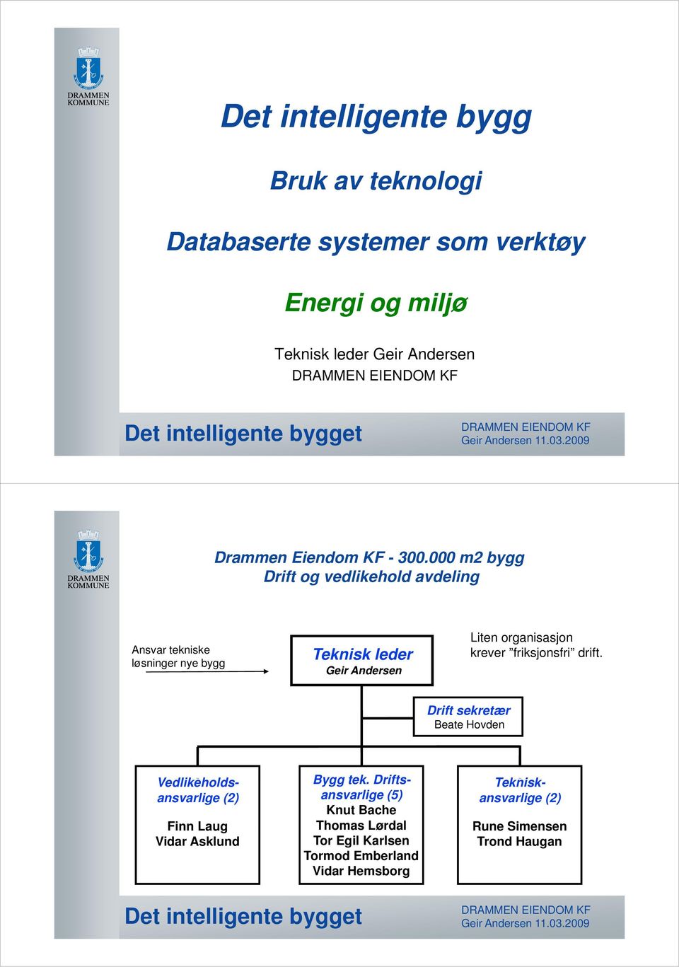 000 m2 bygg Drift og vedlikehold avdeling Ansvar tekniske løsninger nye bygg Teknisk leder Geir Andersen Liten organisasjon krever