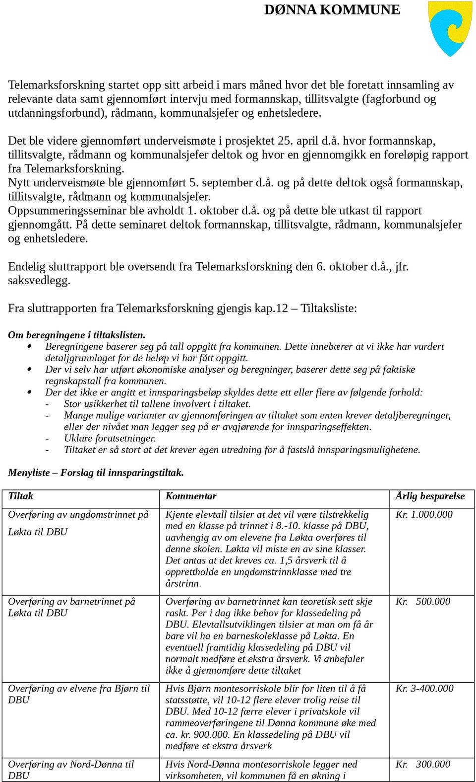 Nytt underveismøte ble gjennomført 5. september d.å. og på dette deltok også formannskap, tillitsvalgte, rådmann og kommunalsjefer. Oppsummeringsseminar ble avholdt 1. oktober d.å. og på dette ble utkast til rapport gjennomgått.