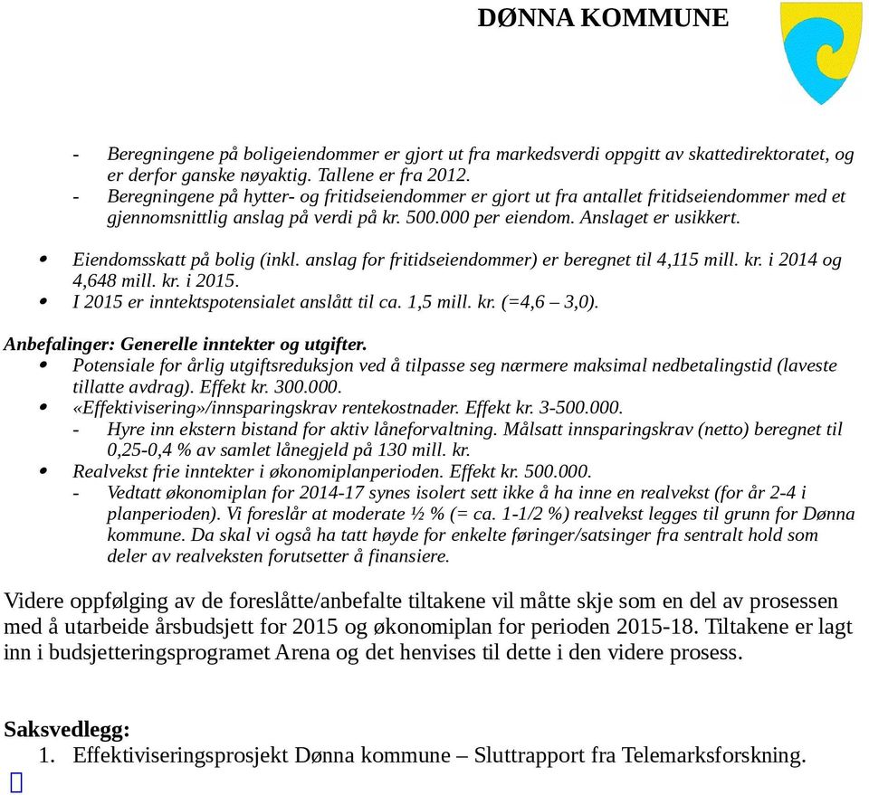 Eiendomsskatt på bolig (inkl. anslag for fritidseiendommer) er beregnet til 4,115 mill. kr. i 2014 og 4,648 mill. kr. i 2015. I 2015 er inntektspotensialet anslått til ca. 1,5 mill. kr. (=4,6 3,0).