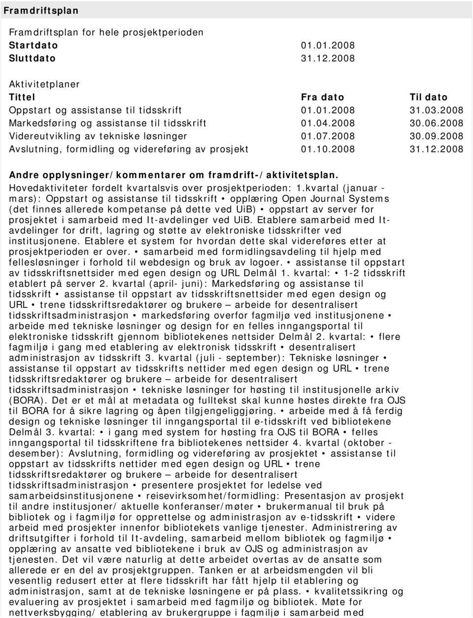 2008 Andre opplysninger/kommentarer om framdrift-/aktivitetsplan. Hovedaktiviteter fordelt kvartalsvis over prosjektperioden: 1.