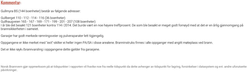 Garasjer har godt merkede rømningsveier og pulveraparater lett tigjengelig. Oppgangene er ikke merket med "exit"-skilter ei heller ingen PA/SA i disse arealene.