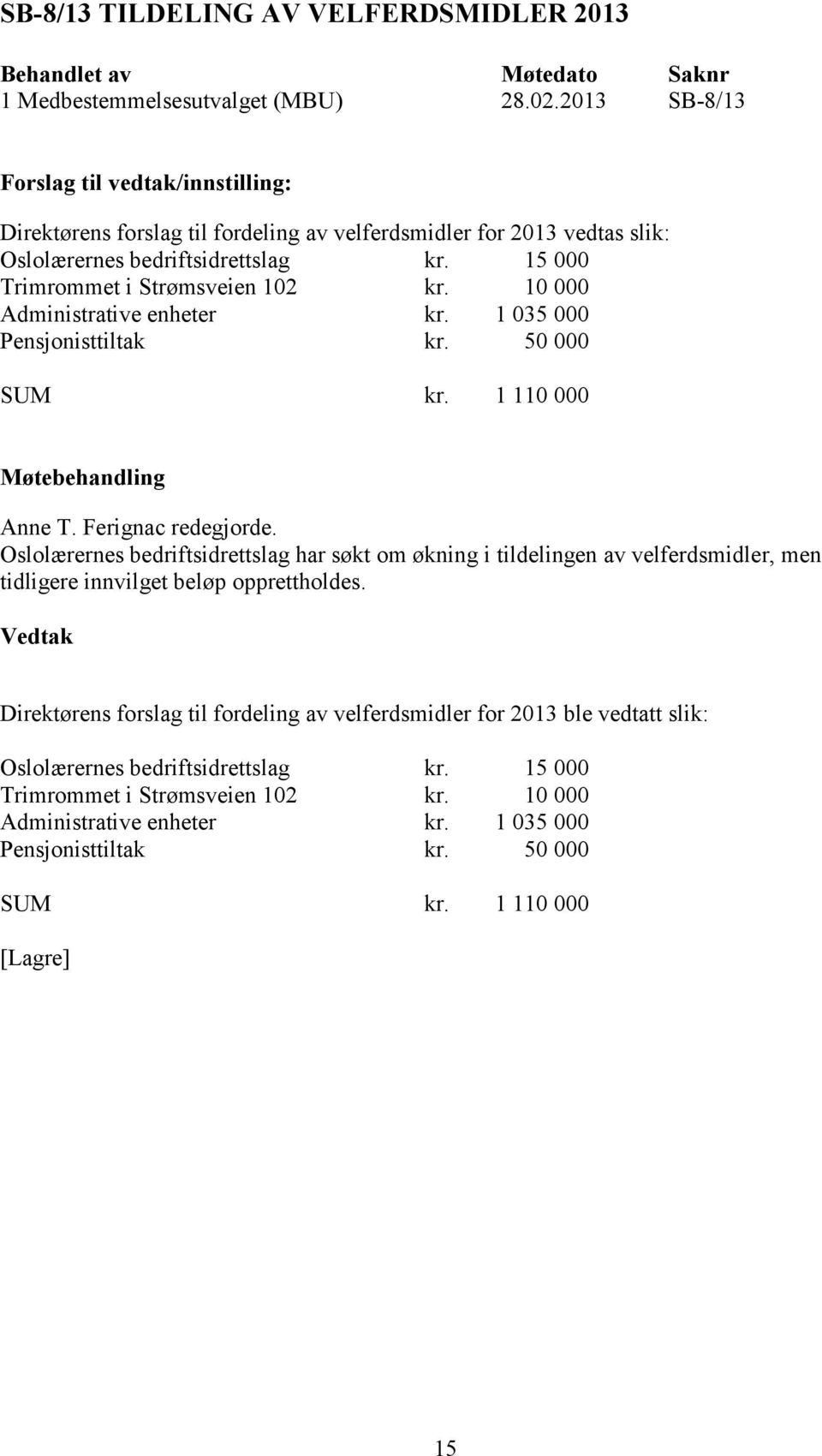 10 000 Administrative enheter kr. 1 035 000 Pensjonisttiltak kr. 50 000 SUM kr. 1 110 000 Anne T. Ferignac redegjorde.