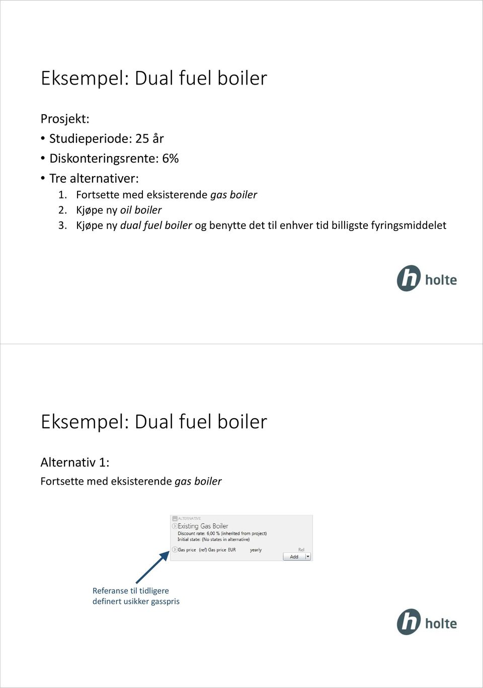 Kjøpe ny dual fuel boiler og benytte det til enhver tid billigste fyringsmiddelet Eksempel: