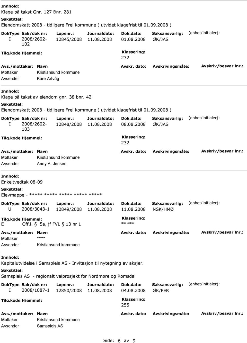Jensen Enkeltvedtak 08-09 Elevmappe - 2008/3043-1 12849/2008 E Mottaker Kapitalutvidelse i Samspleis AS -