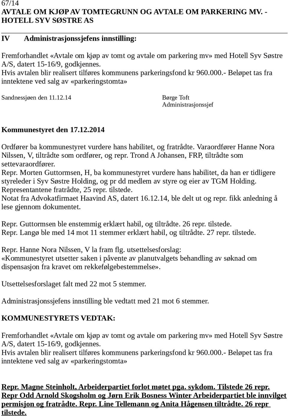 Hvis avtalen blir realisert tilføres kommunens parkeringsfond kr 960.000.- Beløpet tas fra inntektene ved salg av «parkeringstomta» Sandnessjøen den 11.12.