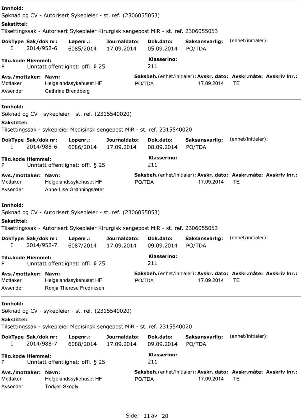 ref. (2306055053) Tilsettingssak - Autorisert Sykepleier Kirurgisk sengepost MiR - st. ref. 2306055053 2014/952-7 6087/2014 09.09.2014 Avs./mottaker: Navn: Saksbeh. Avskr. dato: Avskr.