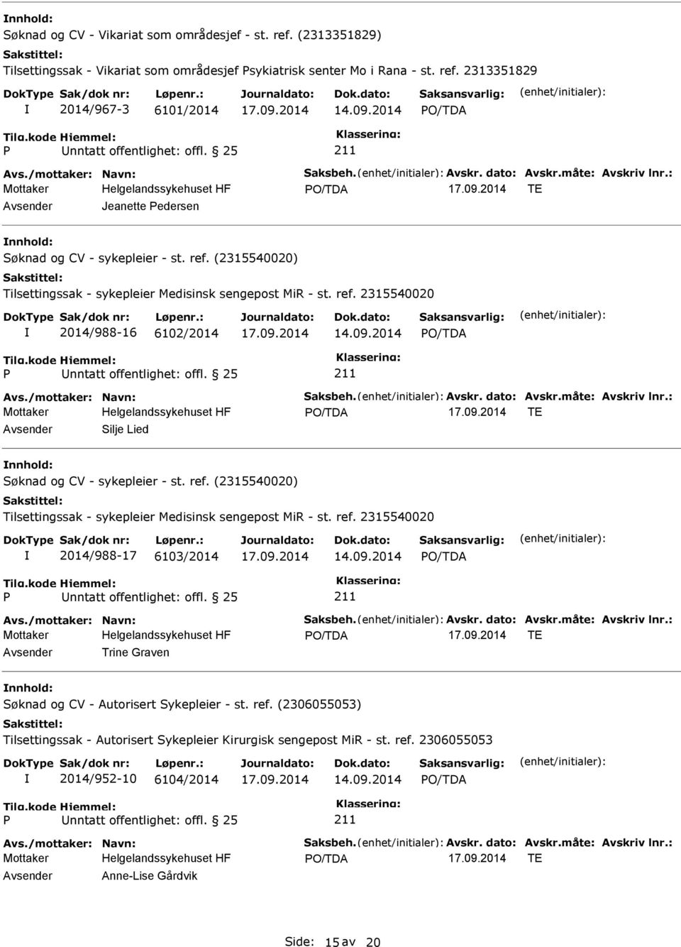 09.2014 Avs./mottaker: Navn: Saksbeh. Avskr. dato: Avskr.måte: Avskriv lnr.: TE Trine Graven nnhold: Søknad og CV - Autorisert Sykepleier - st. ref.