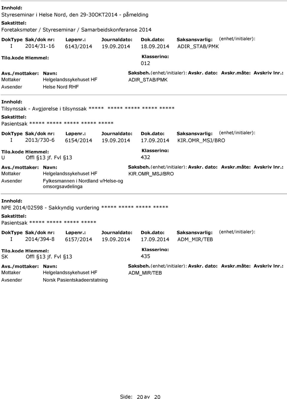 : ADR_STAB/MK Helse Nord RHF nnhold: Tilsynssak - Avgjørelse i tilsynssak ***** ***** ***** ***** ***** asientsak ***** ***** ***** ***** ***** 2013/730-6 6154/2014 19.09.2014 KR.OMR_MSJ/BRO 432 Avs.