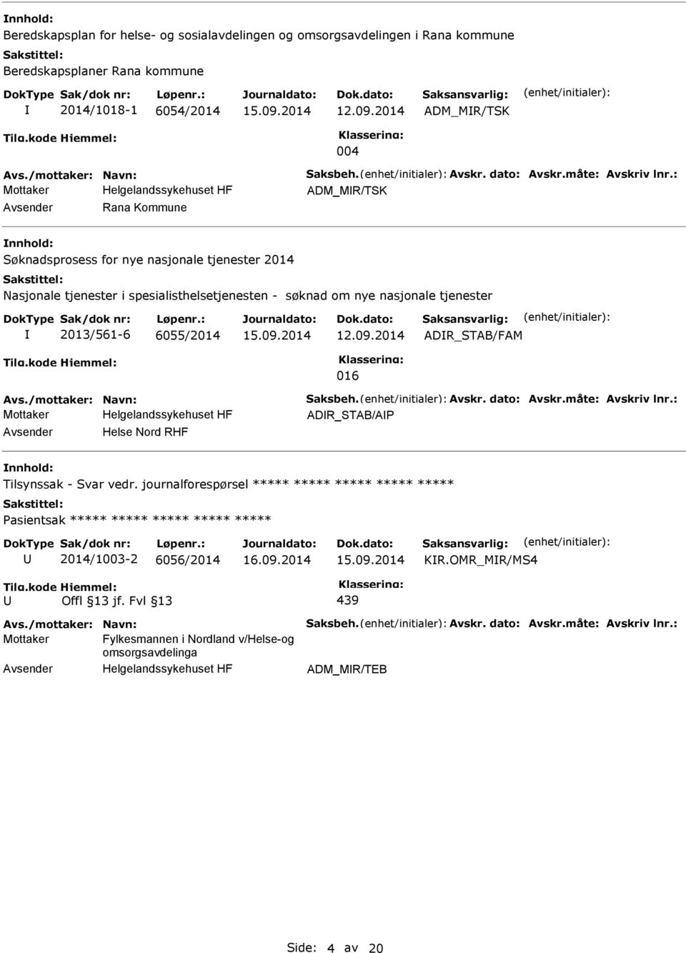 : ADM_MR/TSK Rana Kommune nnhold: Søknadsprosess for nye nasjonale tjenester 2014 Nasjonale tjenester i spesialisthelsetjenesten - søknad om nye nasjonale tjenester 2013/561-6 6055/2014 ADR_STAB/FAM