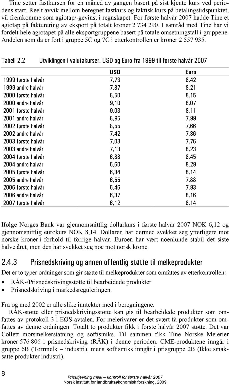 For første 2007 hadde Tine et agiotap på fakturering av eksport på totalt kroner 2 734 290.