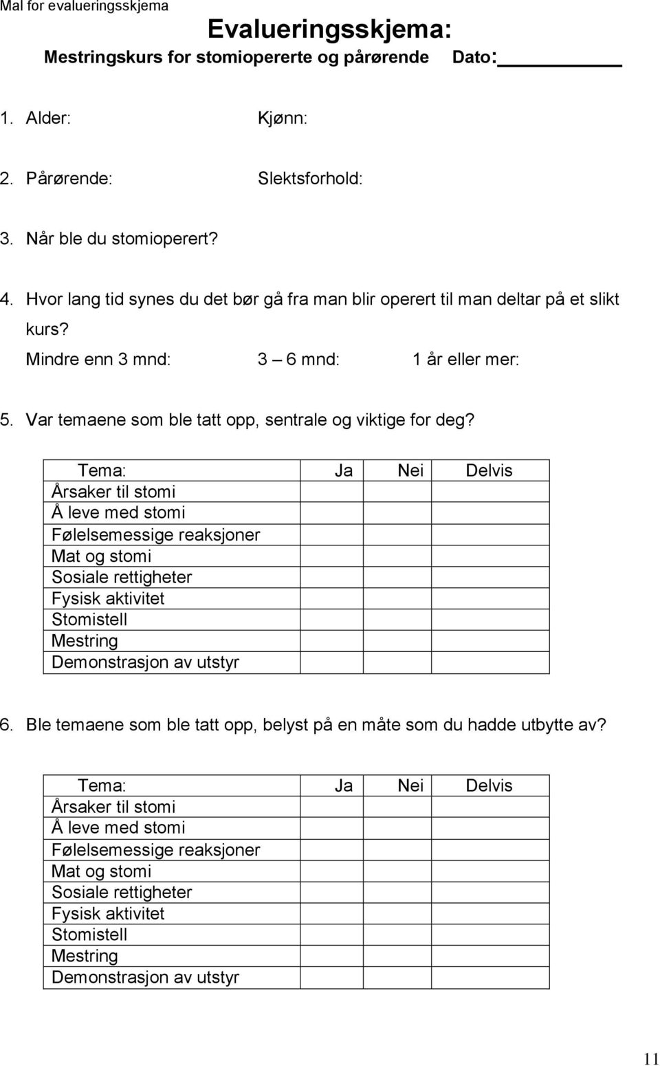 Tema: Ja Nei Delvis Årsaker til stomi Å leve med stomi Følelsemessige reaksjoner Mat og stomi Sosiale rettigheter Fysisk aktivitet Stomistell Mestring Demonstrasjon av utstyr 6.