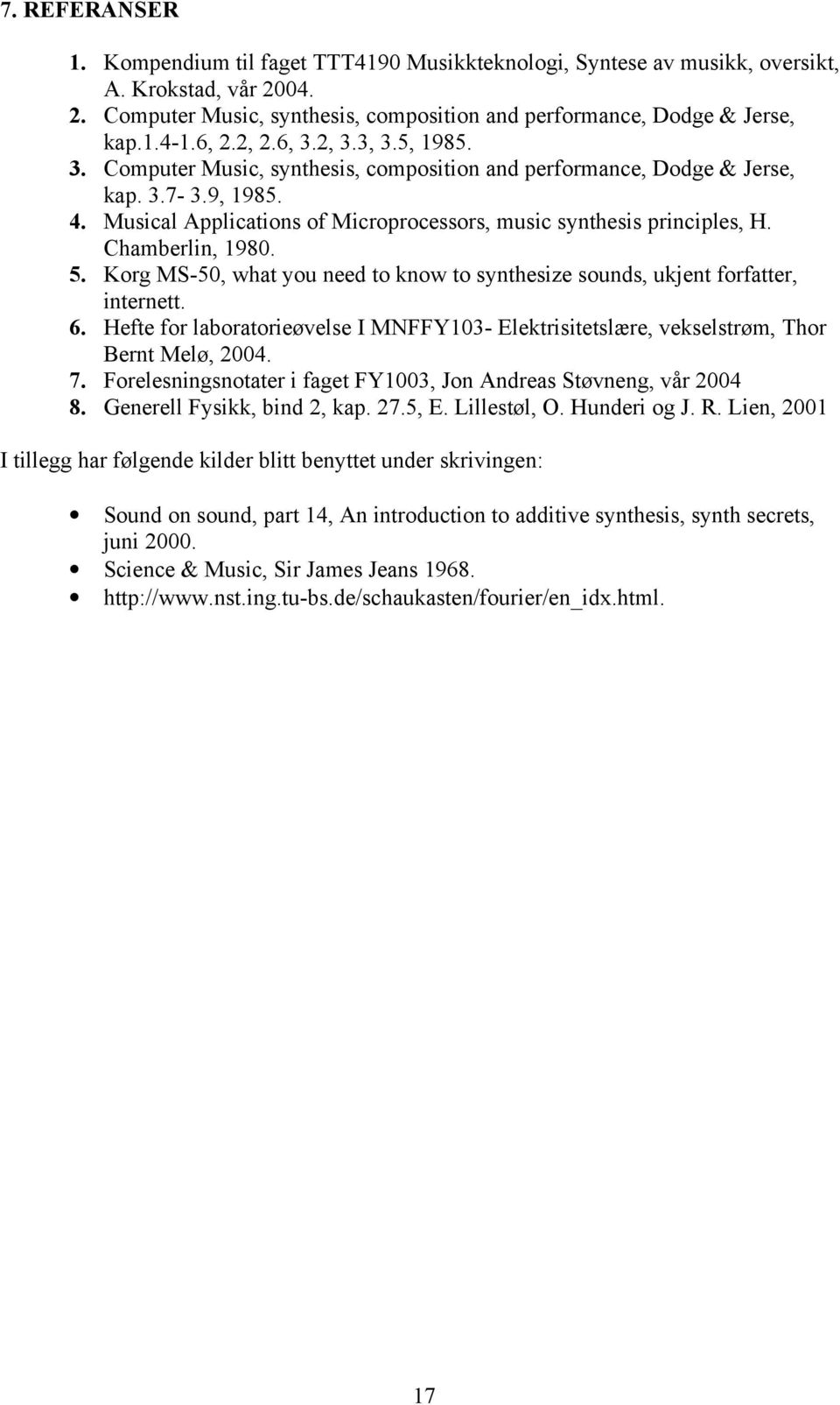 Musical Applications of Microprocessors, music synthesis principles, H. Chamberlin, 1980. 5. Korg MS-50, what you need to know to synthesize sounds, ukjent forfatter, internett. 6.