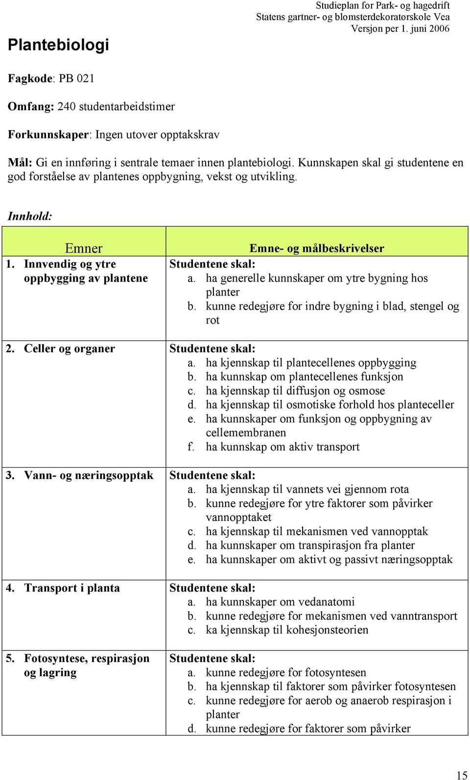 ha generelle kunnskaper om ytre bygning hos planter b. kunne redegjøre for indre bygning i blad, stengel og rot 2. Celler og organer Studentene skal: a. ha kjennskap til plantecellenes oppbygging b.