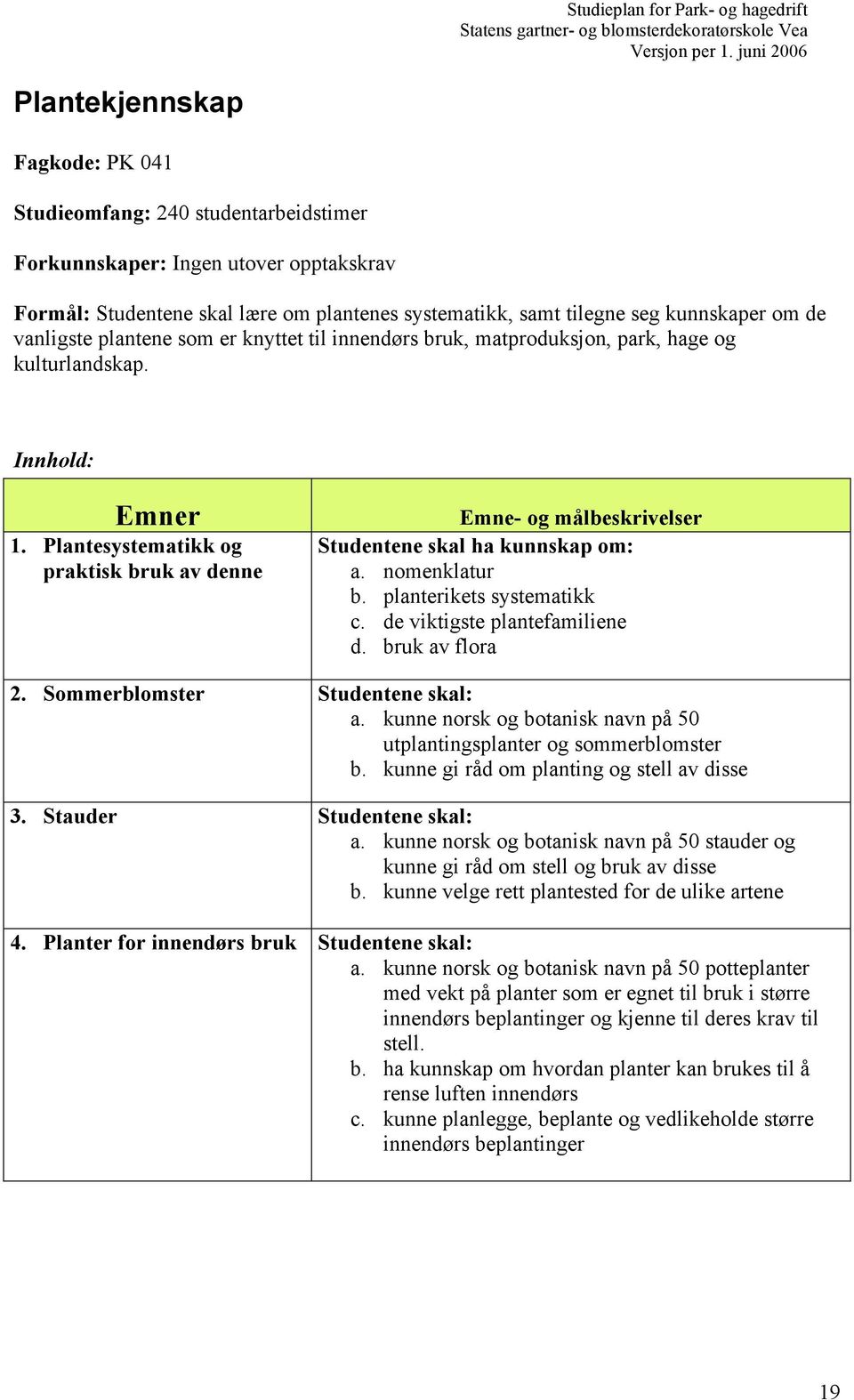 Plantesystematikk og praktisk bruk av denne Emne- og målbeskrivelser Studentene skal ha kunnskap om: a. nomenklatur b. planterikets systematikk c. de viktigste plantefamiliene d. bruk av flora 2.