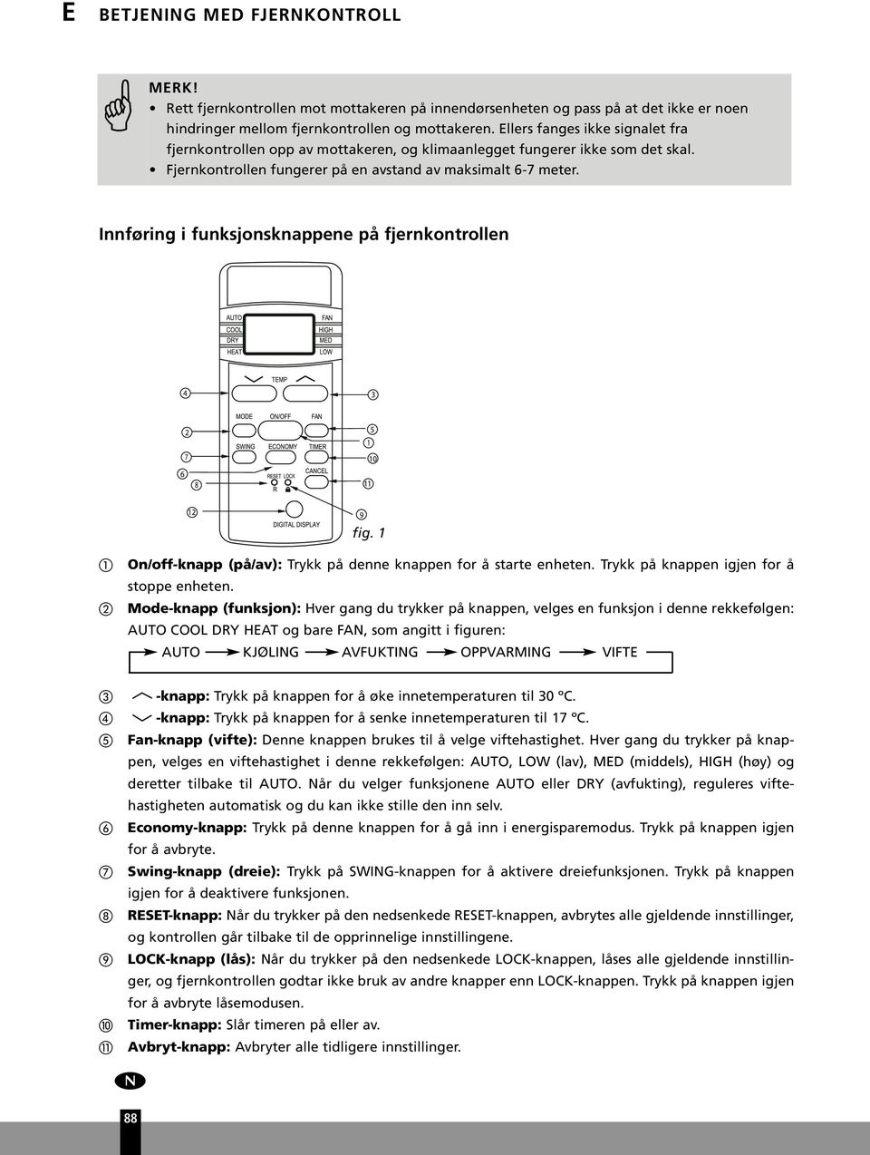 Innføring i fnksjonsknappene på fjernkontrollen fig. 1 On/off-knapp (på/av): Trykk på denne knappen for å starte enheten. Trykk på knappen igjen for å stoppe enheten.