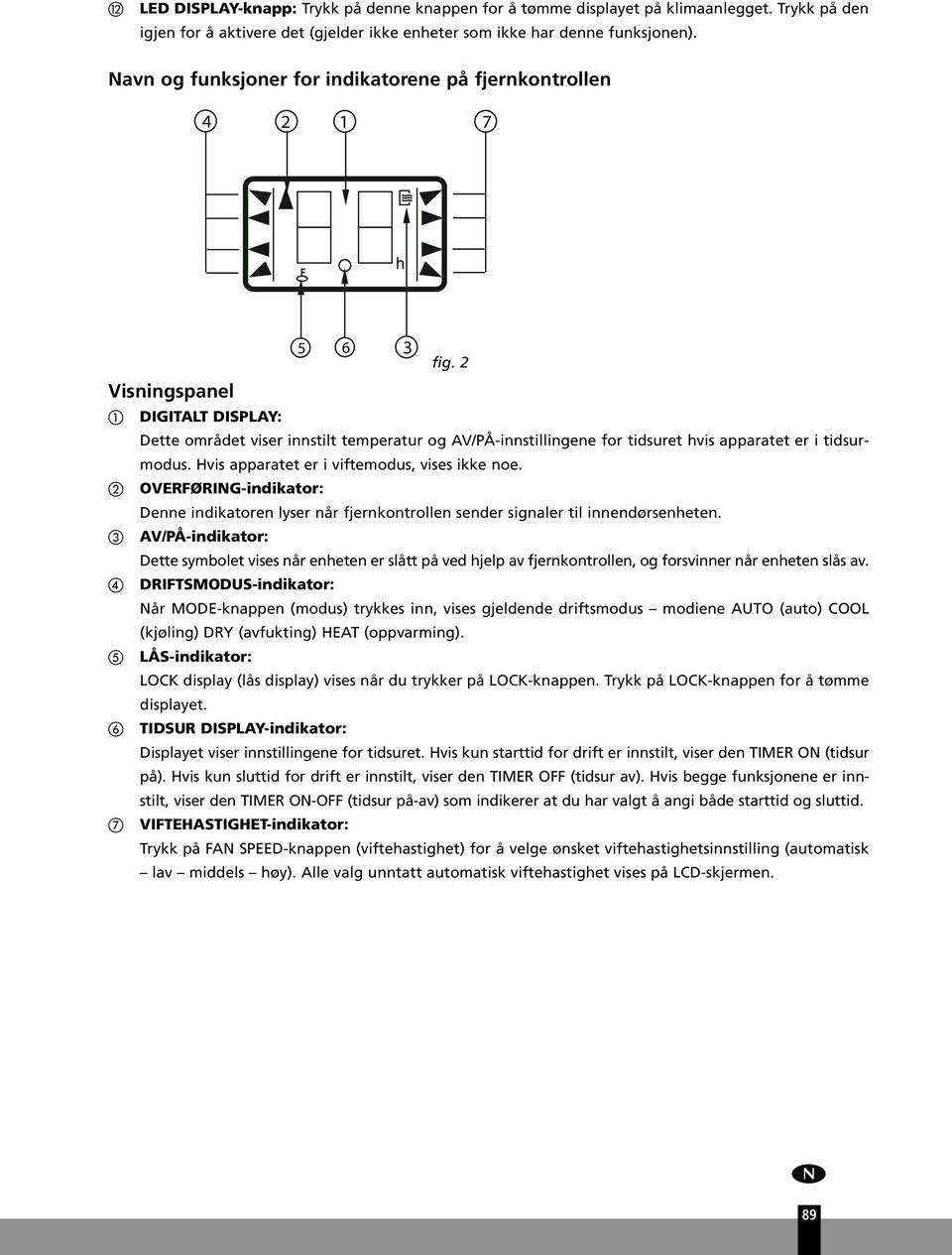 Hvis apparatet er i viftemods, vises ikke noe. OVERFØRING-indikator: Denne indikatoren lyser når fjernkontrollen sender signaler til innendørsenheten.