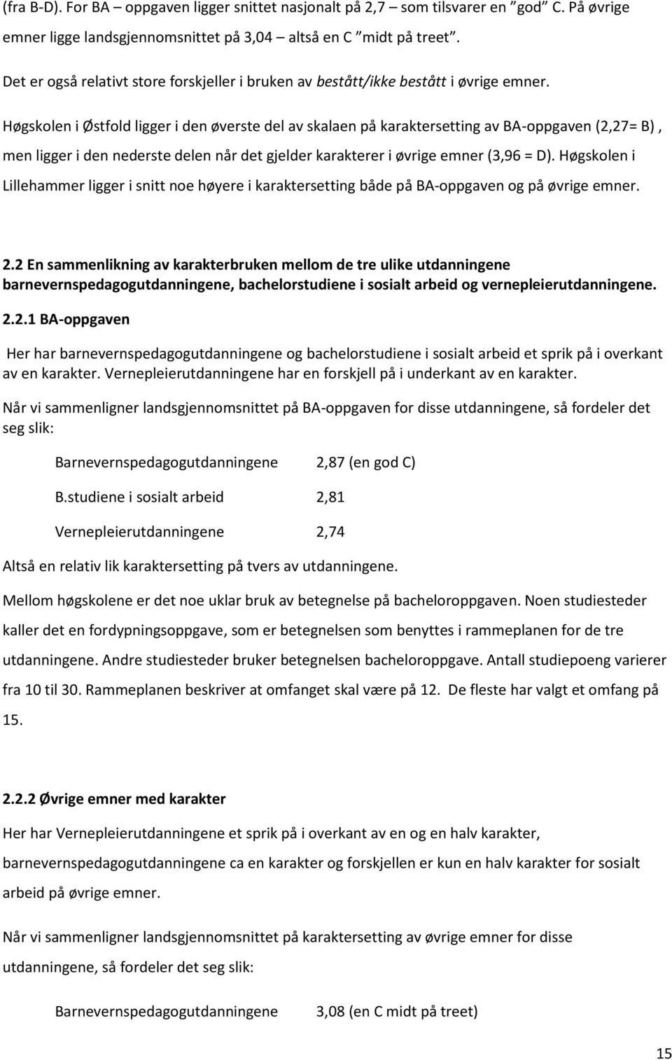 Høgskolen i Østfold ligger i den øverste del av skalaen på karaktersetting av BA-oppgaven (2,27= B), men ligger i den nederste delen når det gjelder karakterer i øvrige emner (3,96 = D).