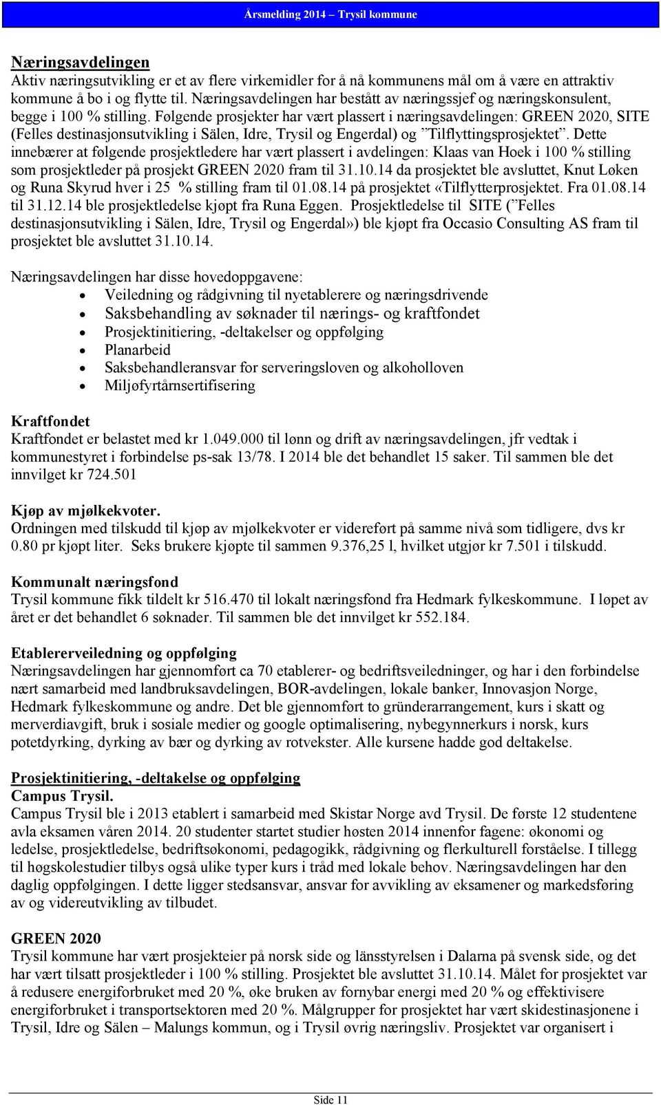 Følgende prosjekter har vært plassert i næringsavdelingen: GREEN 2020, SITE (Felles destinasjonsutvikling i Sälen, Idre, Trysil og Engerdal) og Tilflyttingsprosjektet.