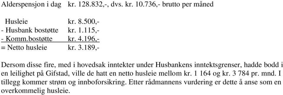 189,- ersom disse fire, med i hovedsak inntekter under Husbankens inntektsgrenser, hadde bodd i en leilighet på