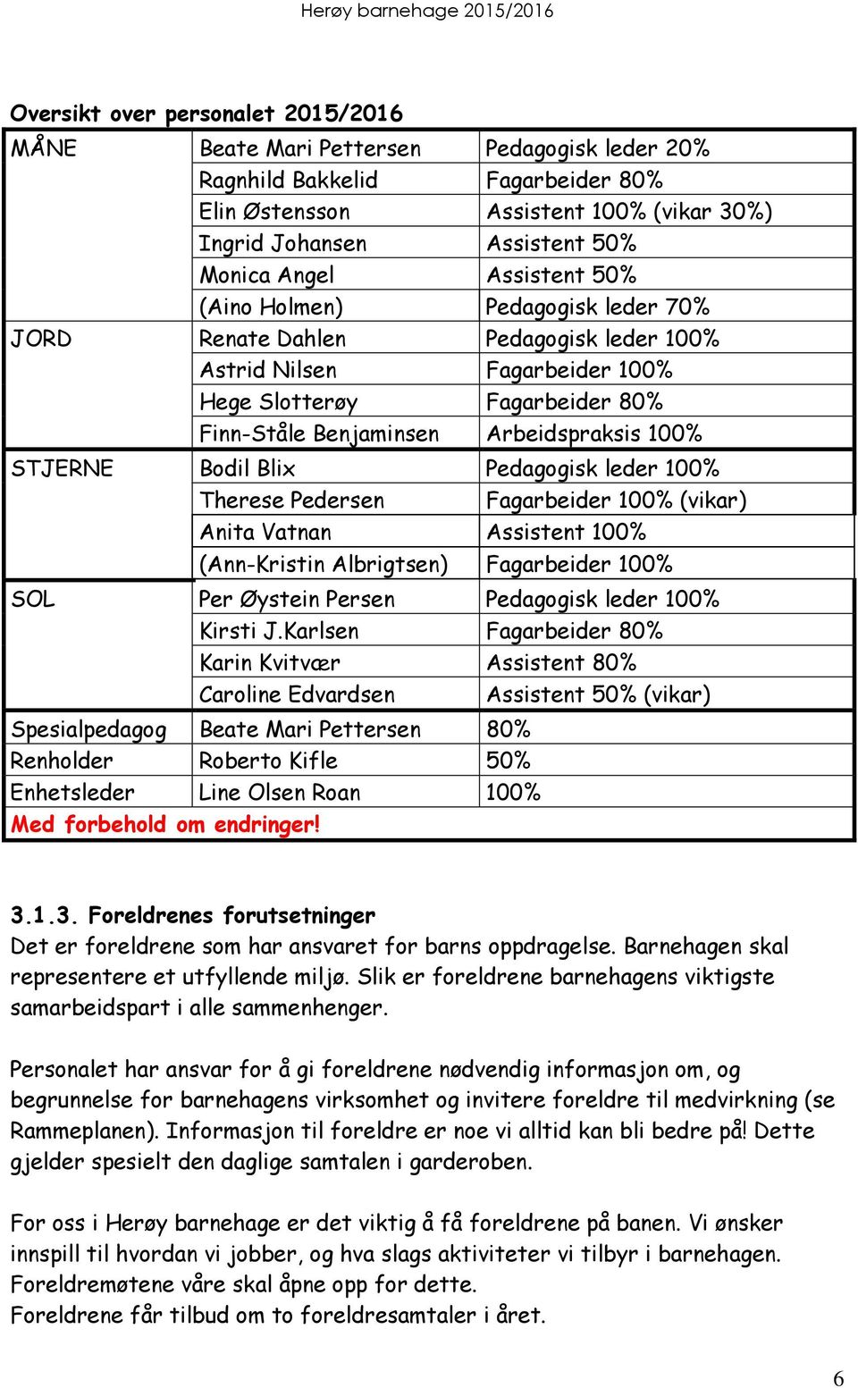 100% STJERNE Bodil Blix Pedagogisk leder 100% Therese Pedersen Fagarbeider 100% (vikar) Anita Vatnan Assistent 100% (Ann-Kristin Albrigtsen) Fagarbeider 100% SOL Per Øystein Persen Pedagogisk leder