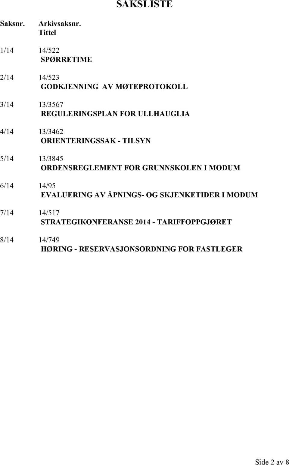 ULLHAUGLIA 4/14 13/3462 ORIENTERINGSSAK - TILSYN 5/14 13/3845 ORDENSREGLEMENT FOR GRUNNSKOLEN I MODUM