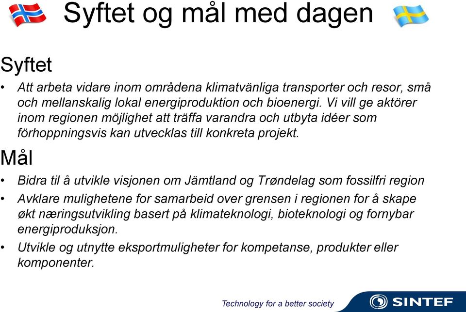 Mål Bidra til å utvikle visjonen om Jämtland og Trøndelag som fossilfri region Avklare mulighetene for samarbeid over grensen i regionen for å skape økt