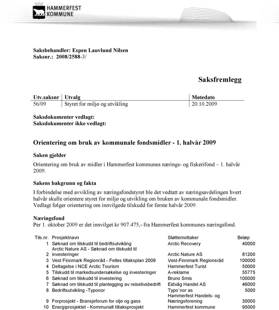 halvår 2009 Saken gjelder Orientering om bruk av midler i Hammerfest kommunes nærings- og fiskerifond 1. halvår 2009.