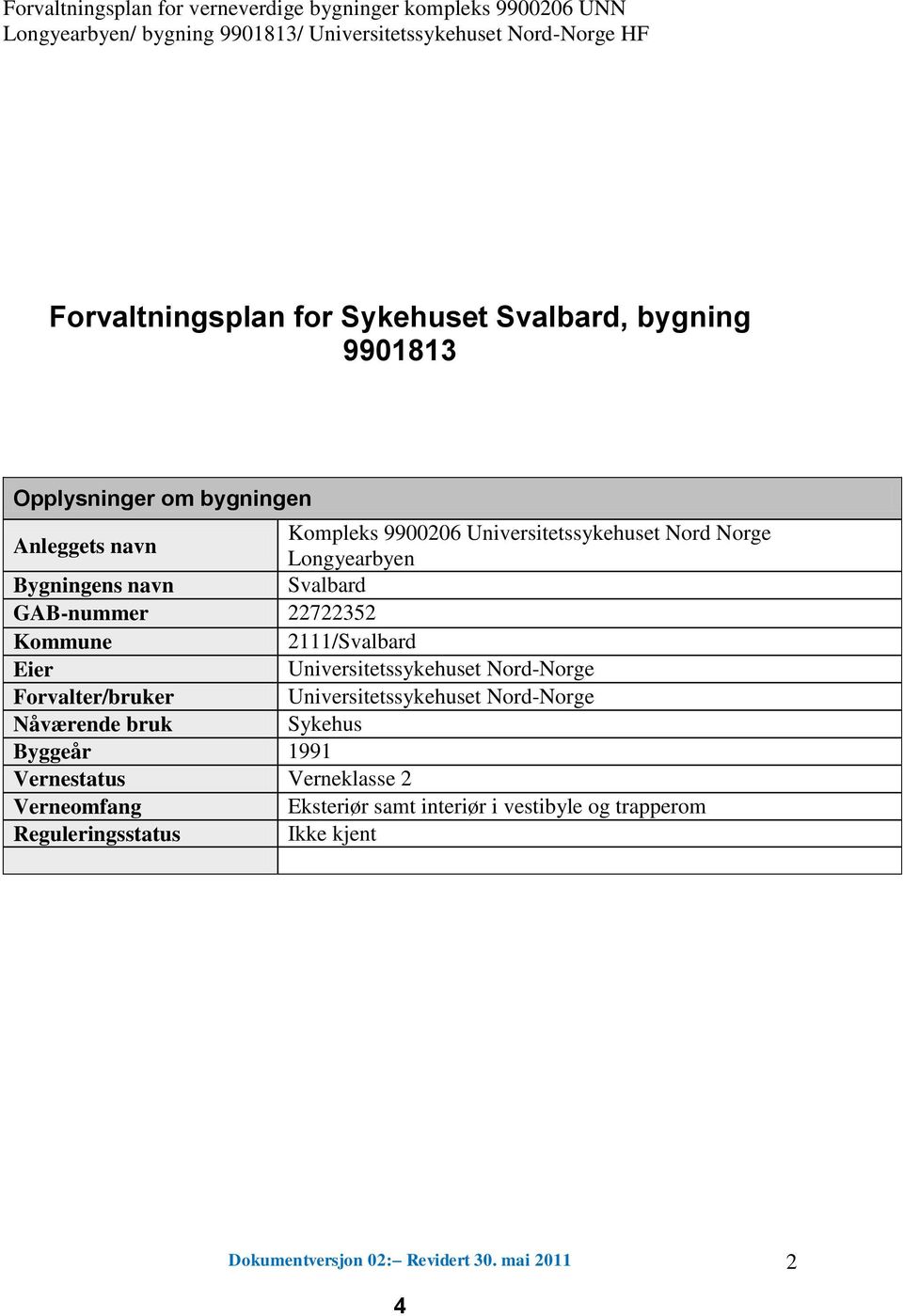 Svalbard GAB-nummer 22722352 Kommune 2111/Svalbard Eier Universitetssykehuset Nord-Norge Forvalter/bruker Universitetssykehuset Nord-Norge Nåværende bruk Sykehus