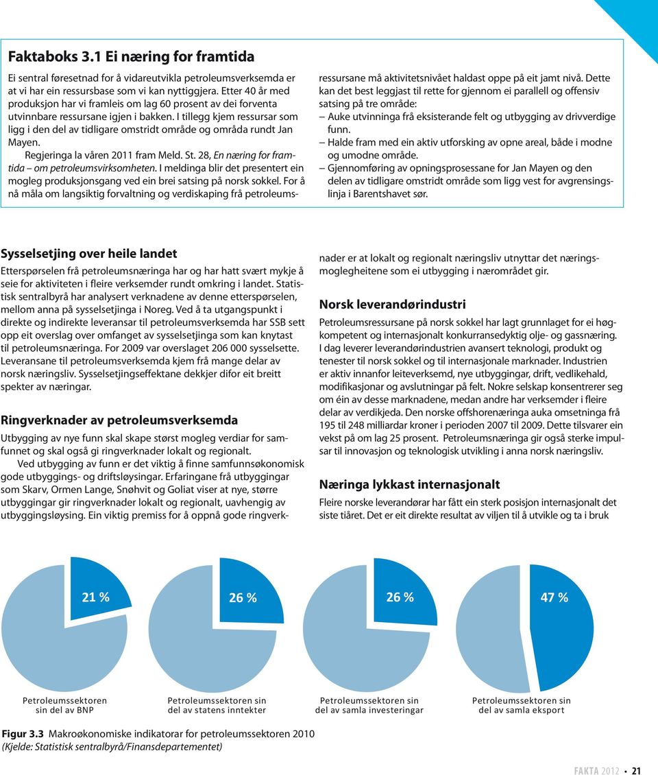 I tillegg kjem ressursar som ligg i den del av tidligare omstridt område og områda rundt Jan Mayen. Regjeringa la våren 211 fram Meld. St. 28, En næring for framtida om petroleumsvirksomheten.