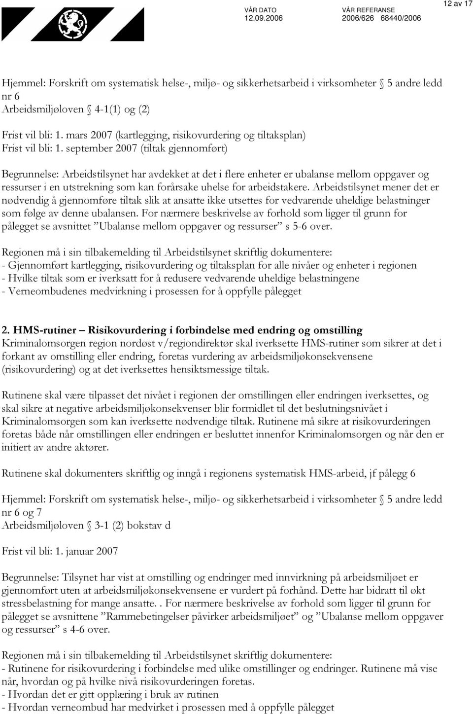 september 2007 (tiltak gjennomført) Begrunnelse: Arbeidstilsynet har avdekket at det i flere enheter er ubalanse mellom oppgaver og ressurser i en utstrekning som kan forårsake uhelse for