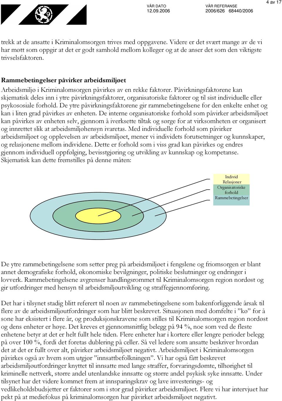 Rammebetingelser påvirker arbeidsmiljøet Arbeidsmiljø i Kriminalomsorgen påvirkes av en rekke faktorer.