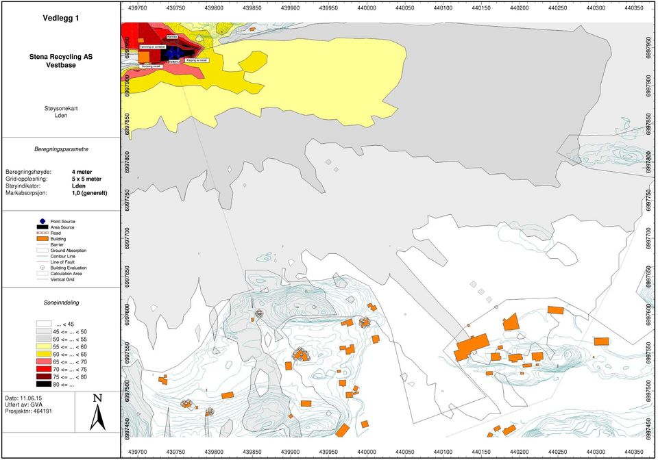 Ground Absorption Contour Line Line of Fault Building Evaluation Calculation Area Vertical Grid Dato: 11..1 Utført av: GVA Prosjektnr: 4411 Soneinndeling... < 4 4 <=... < <=.