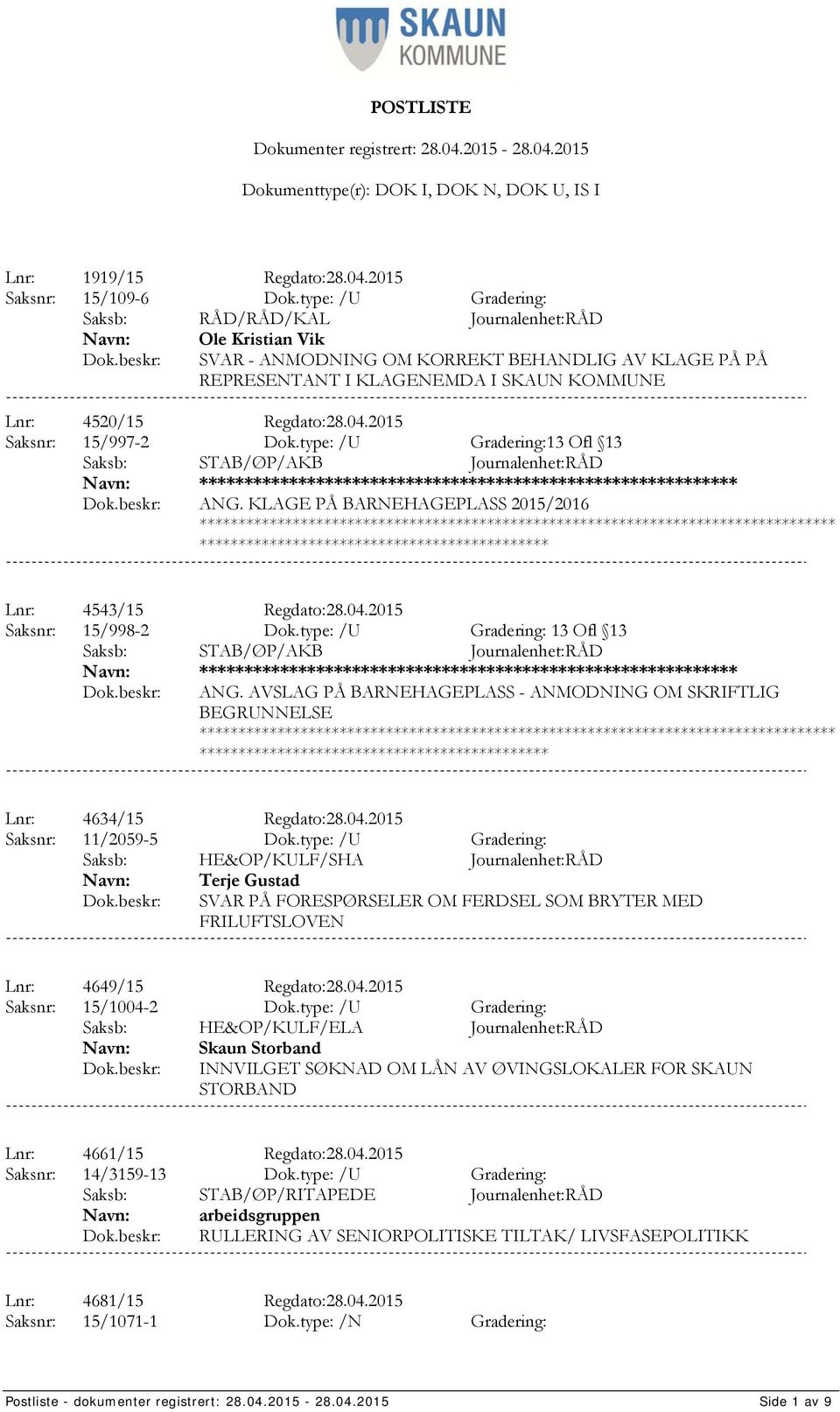 2015 Saksnr: 15/997-2 Dok.type: /U Gradering:13 Ofl 13 Saksb: STAB/ØP/AKB Journalenhet:RÅD *************** ANG. KLAGE PÅ BARNEHAGEPLASS 2015/2016 Lnr: 4543/15 Regdato:28.04.2015 Saksnr: 15/998-2 Dok.