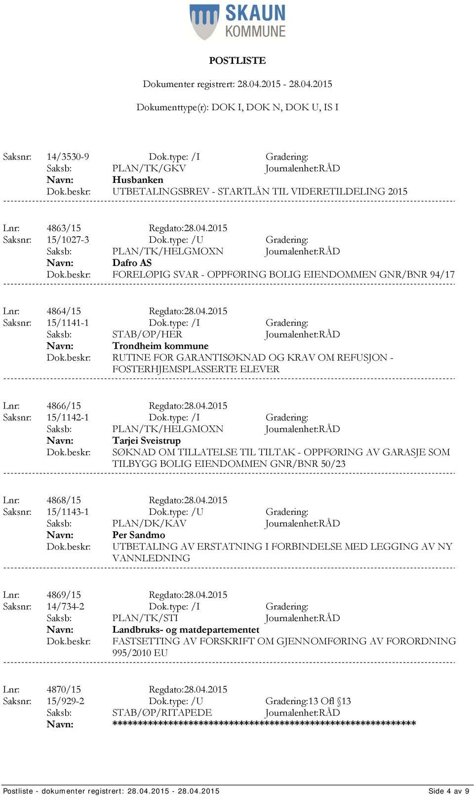 type: /I Gradering: Saksb: STAB/ØP/HER Journalenhet:RÅD Trondheim kommune RUTINE FOR GARANTISØKNAD OG KRAV OM REFUSJON - FOSTERHJEMSPLASSERTE ELEVER Lnr: 4866/15 Regdato:28.04.