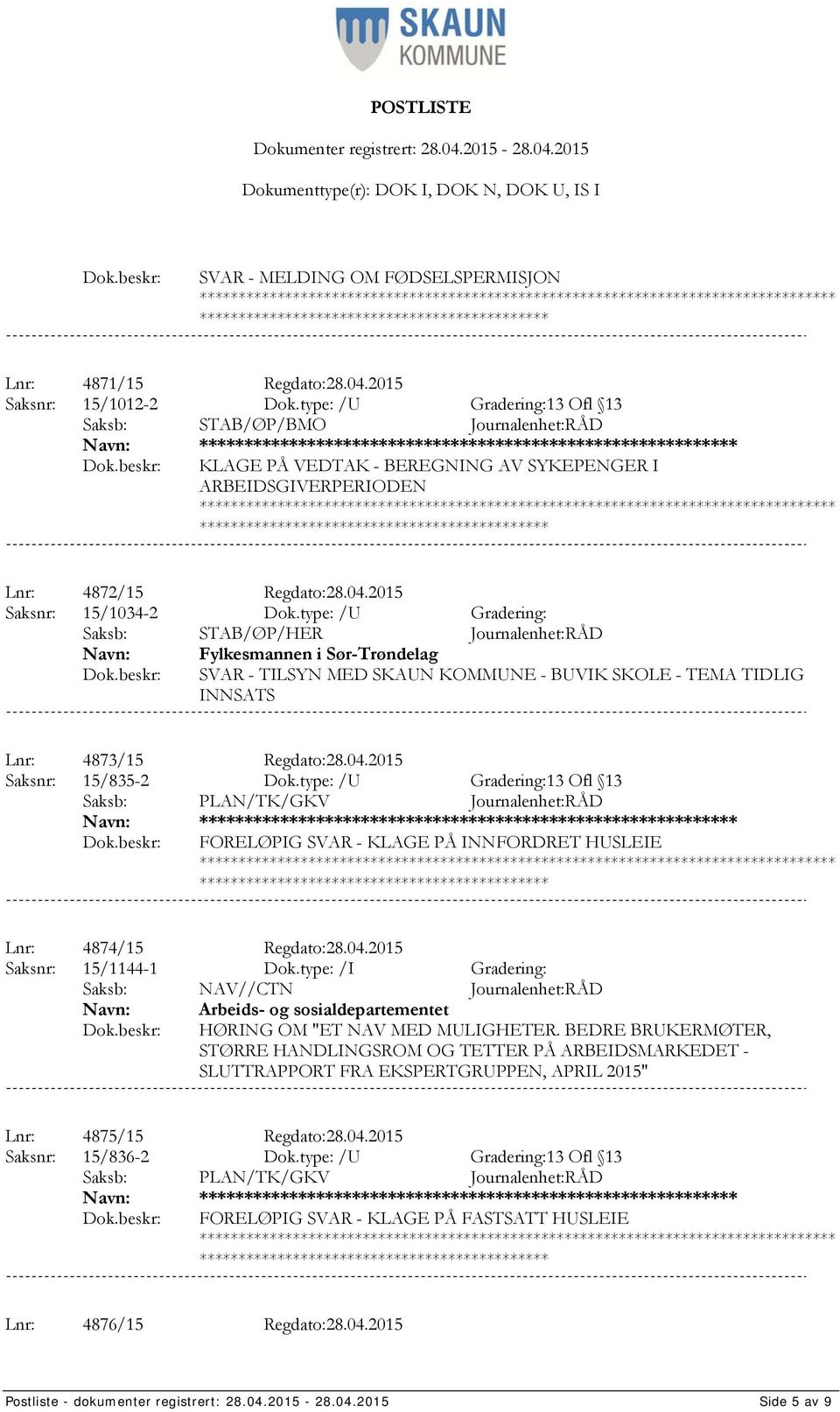 type: /U Gradering: Saksb: STAB/ØP/HER Journalenhet:RÅD Fylkesmannen i Sør-Trøndelag SVAR - TILSYN MED SKAUN KOMMUNE - BUVIK SKOLE - TEMA TIDLIG INNSATS Lnr: 4873/15 Regdato:28.04.