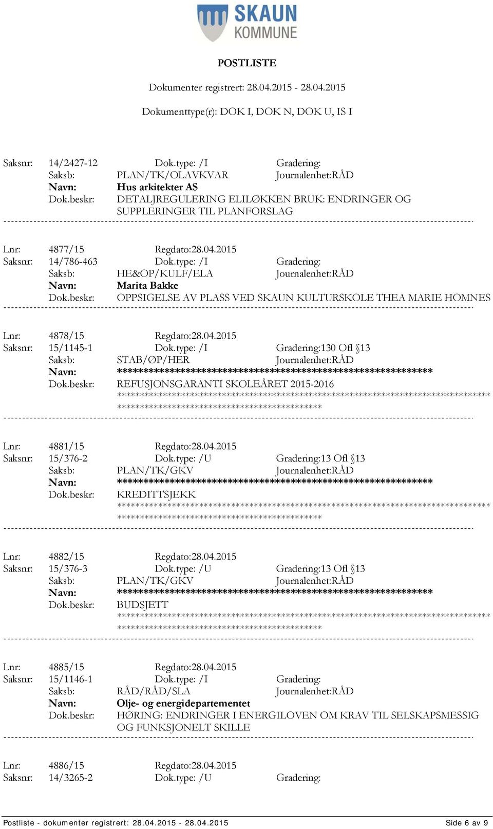 2015 Saksnr: 14/786-463 Dok.type: /I Gradering: Saksb: HE&OP/KULF/ELA Journalenhet:RÅD Marita Bakke OPPSIGELSE AV PLASS VED SKAUN KULTURSKOLE THEA MARIE HOMNES Lnr: 4878/15 Regdato:28.04.