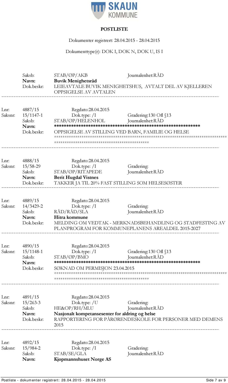 type: /I Gradering: Saksb: STAB/ØP/RITAPEDE Journalenhet:RÅD Berit Hugdal Vistnes TAKKER JA TIL 20% FAST STILLING SOM HELSESØSTER Lnr: 4889/15 Regdato:28.04.2015 Saksnr: 14/3429-2 Dok.