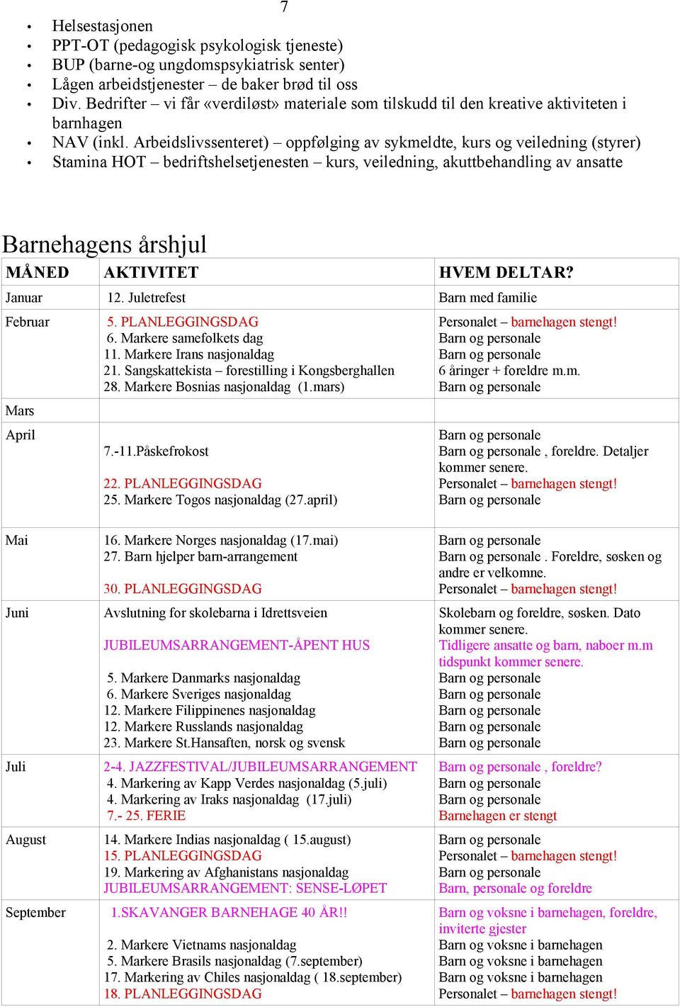 Arbeidslivssenteret) oppfølging av sykmeldte, kurs og veiledning (styrer) Stamina HOT bedriftshelsetjenesten kurs, veiledning, akuttbehandling av ansatte Barnehagens årshjul MÅNED AKTIVITET HVEM