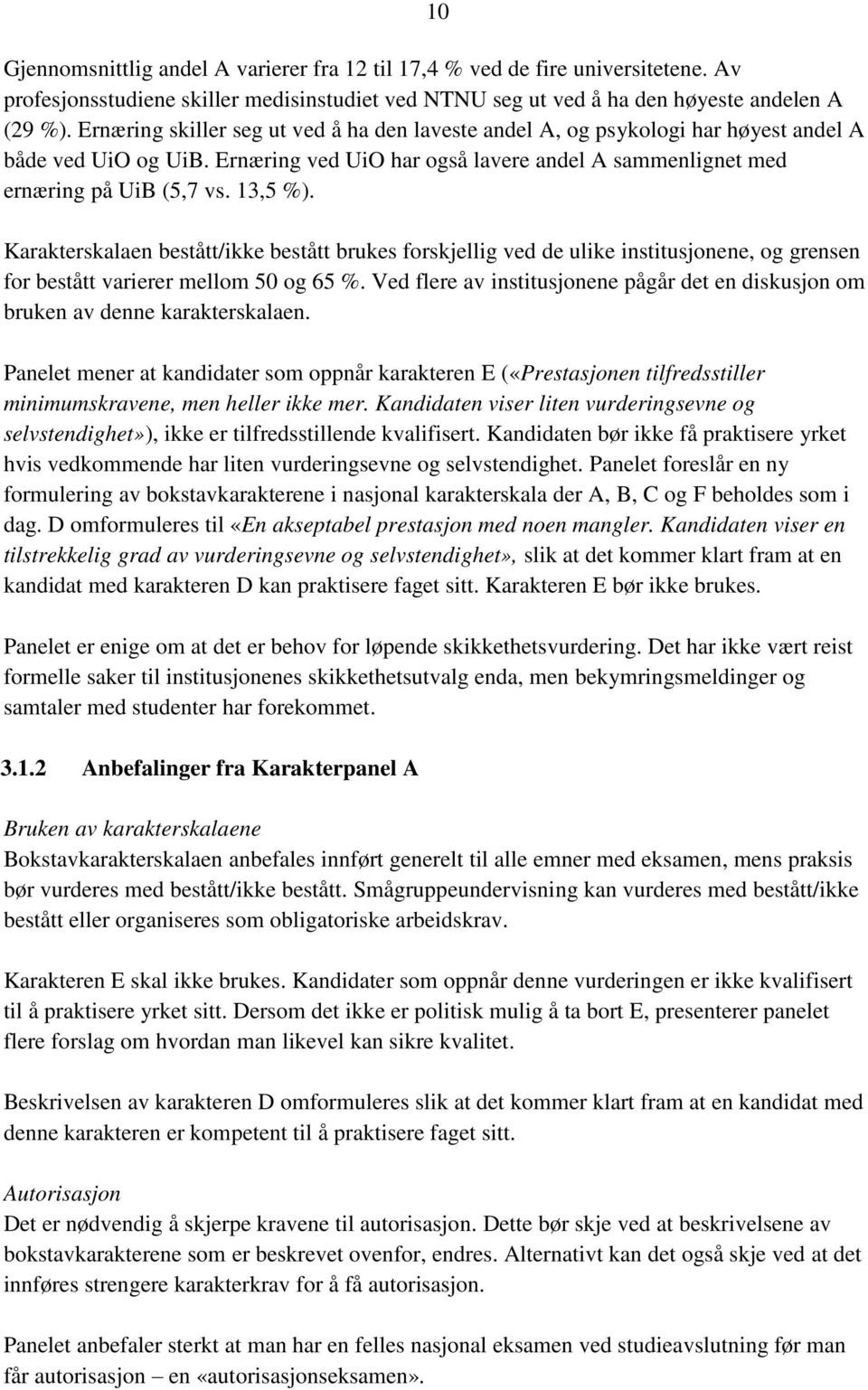 Karakterskalaen bestått/ikke bestått brukes forskjellig ved de ulike institusjonene, og grensen for bestått varierer mellom 50 og 65 %.